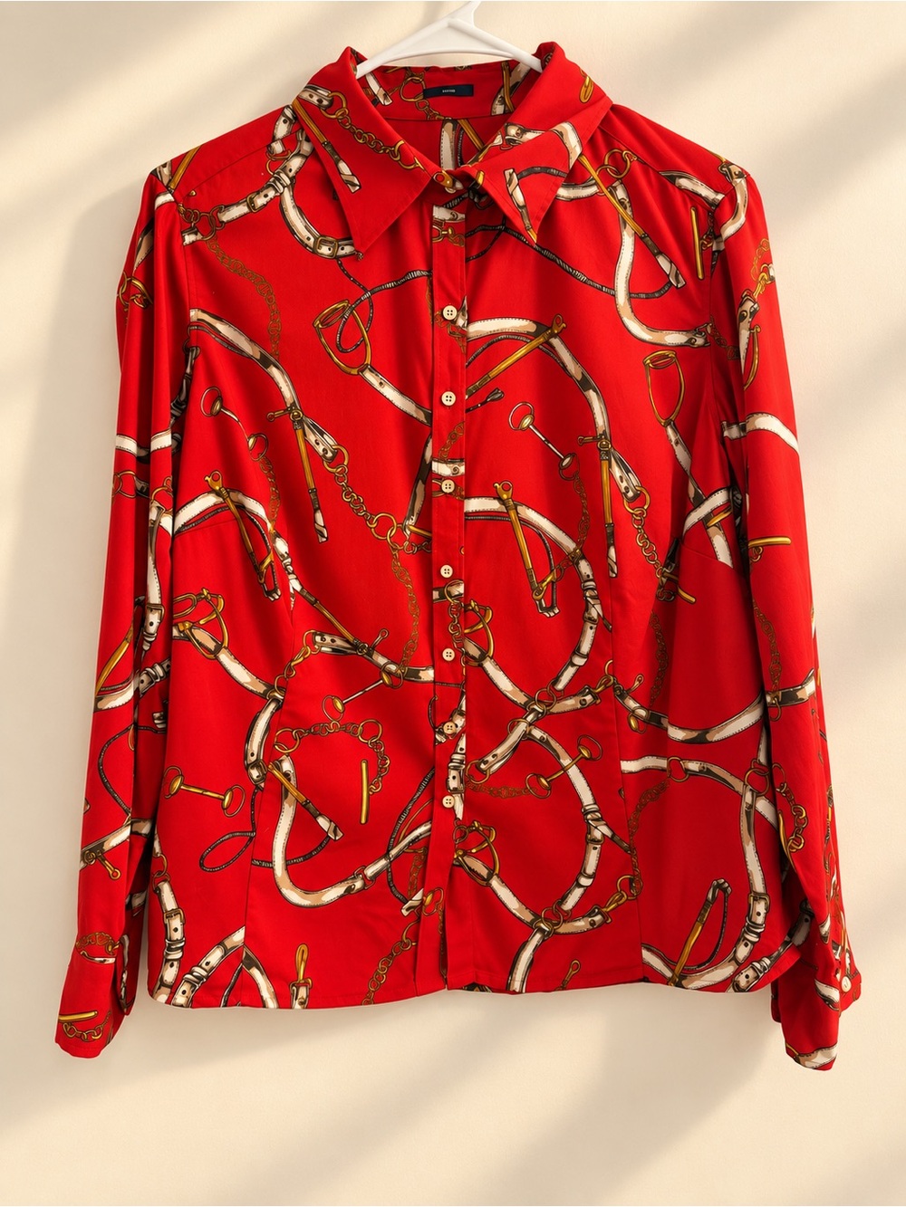 Talbots Woman Petites 16WP Red Equestrian Print Stretch Button Down Shirt